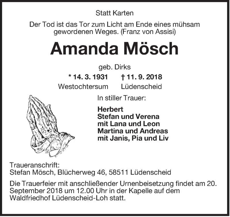 Traueranzeigen von Amanda Mösch nordwest trauer de