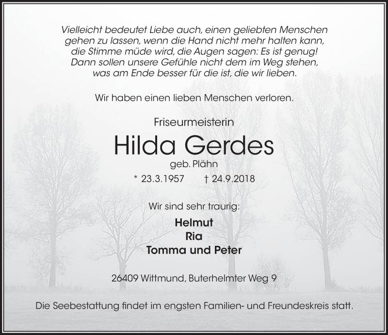 Traueranzeigen Von Hilda Gerdes Nordwest Trauer De