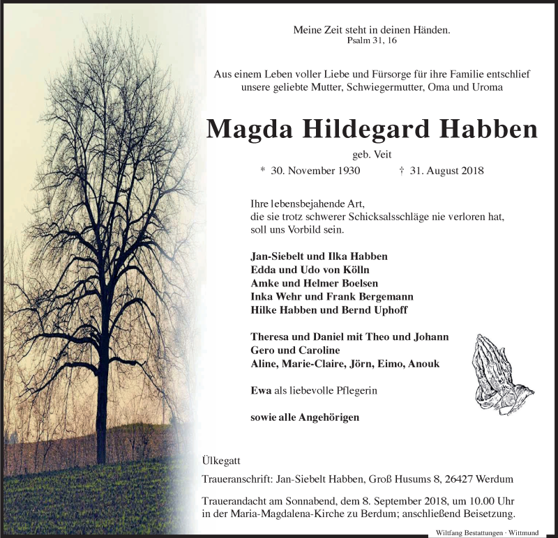 Traueranzeigen Von Magda Hildegard Habben Nordwest Trauer De