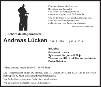 Traueranzeigen von Andreas Lücken nordwest trauer de