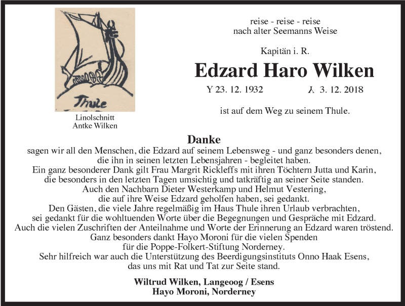 Traueranzeigen Von Edzard Haro Wilken Nordwest Trauer De