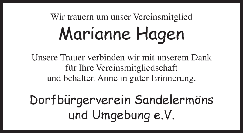 Traueranzeigen Von Marianne Hagen Nordwest Trauer De