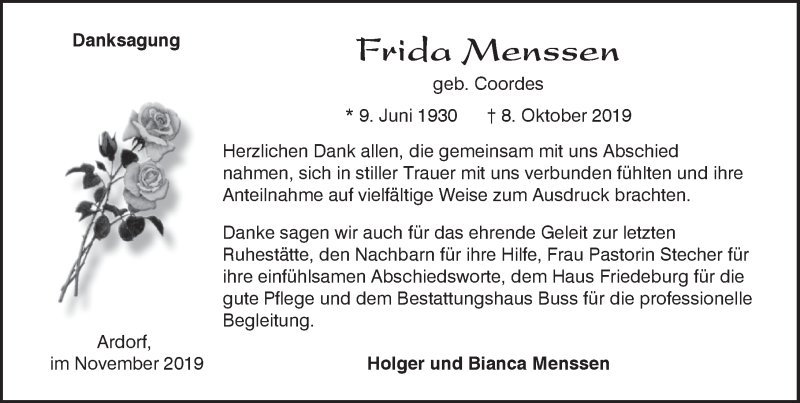 Traueranzeigen Von Frida Menssen Nordwest Trauer De