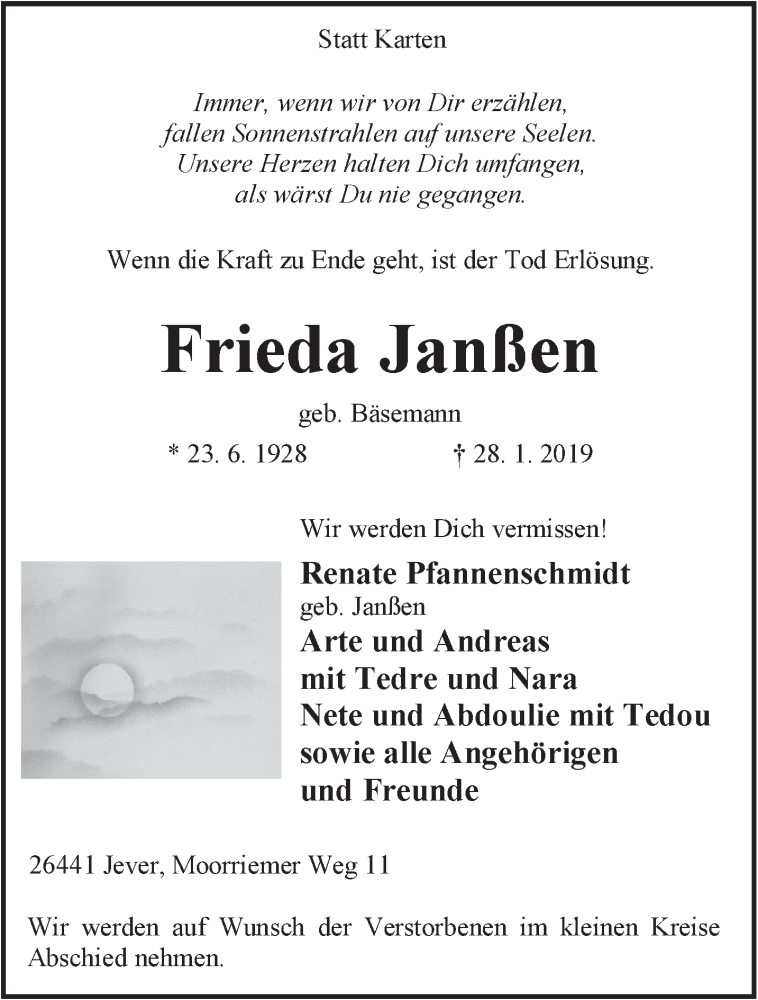 Traueranzeigen von Frieda Janßen nordwest trauer de