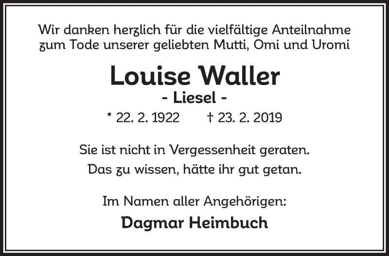 Traueranzeigen Von Louise Walter Nordwest Trauer De