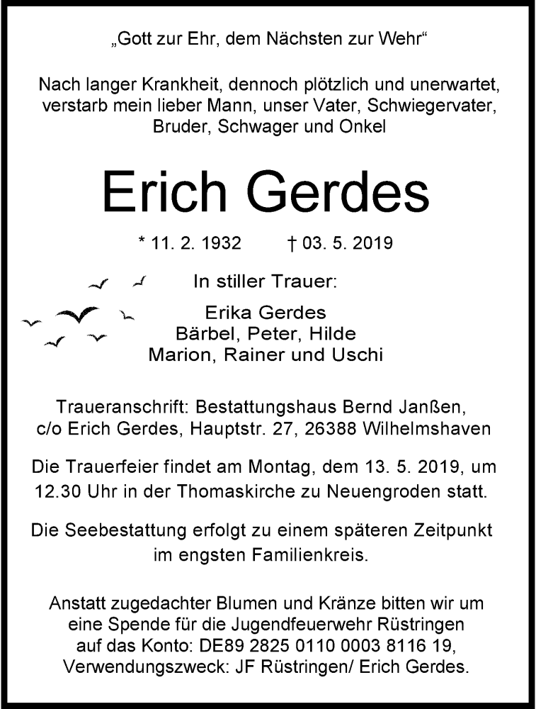 Traueranzeigen Von Erich Gerdes Nordwest Trauer De