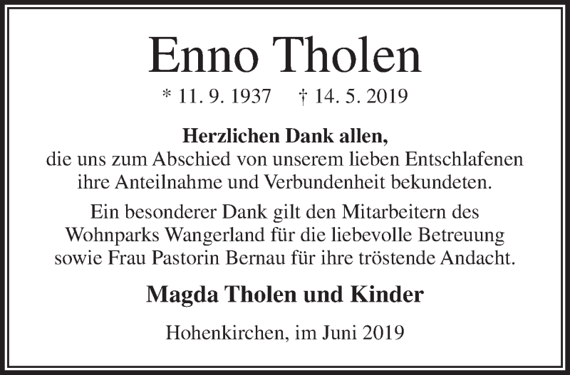 Traueranzeigen Von Enno Tholen Nordwest Trauer De