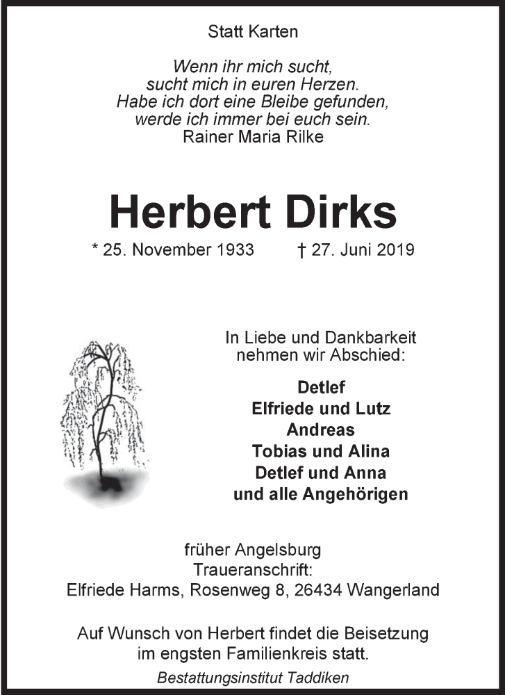 Traueranzeigen Von Herbert Dirks Nordwest Trauer De