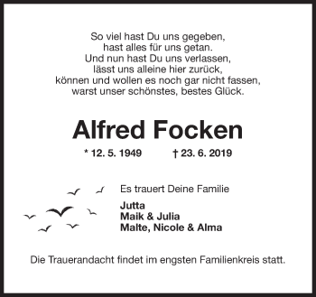 Traueranzeigen Von Alfred Focken Nordwest Trauer De