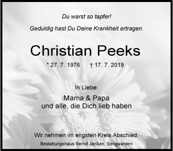 Traueranzeigen Von Christian Peeks Nordwest Trauer De