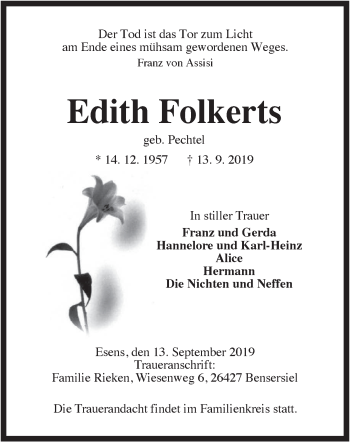 Traueranzeigen Von Edith Folkerts Nordwest Trauer De