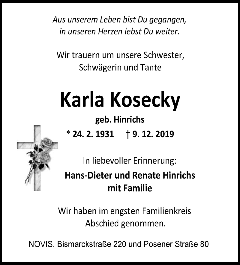 Traueranzeigen Von Karla Kosecky Nordwest Trauer De