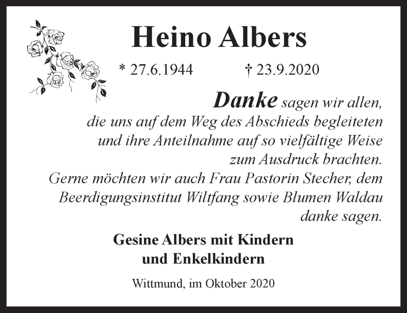 Traueranzeigen Von Heino Albers Nordwest Trauer De