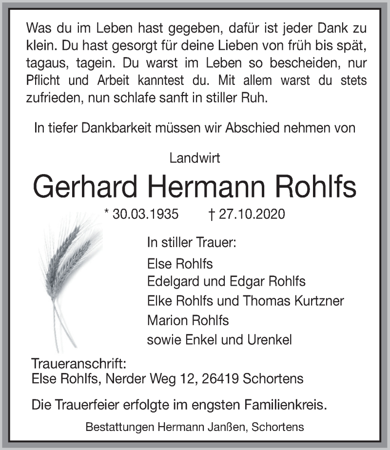 Traueranzeigen Von Gerhard Hermann Rohlfs Nordwest Trauer De