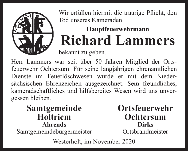 Traueranzeigen Von Richard Lammers Nordwest Trauer De