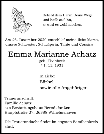 Traueranzeigen Von Emma Marianne Achatz Nordwest Trauer De