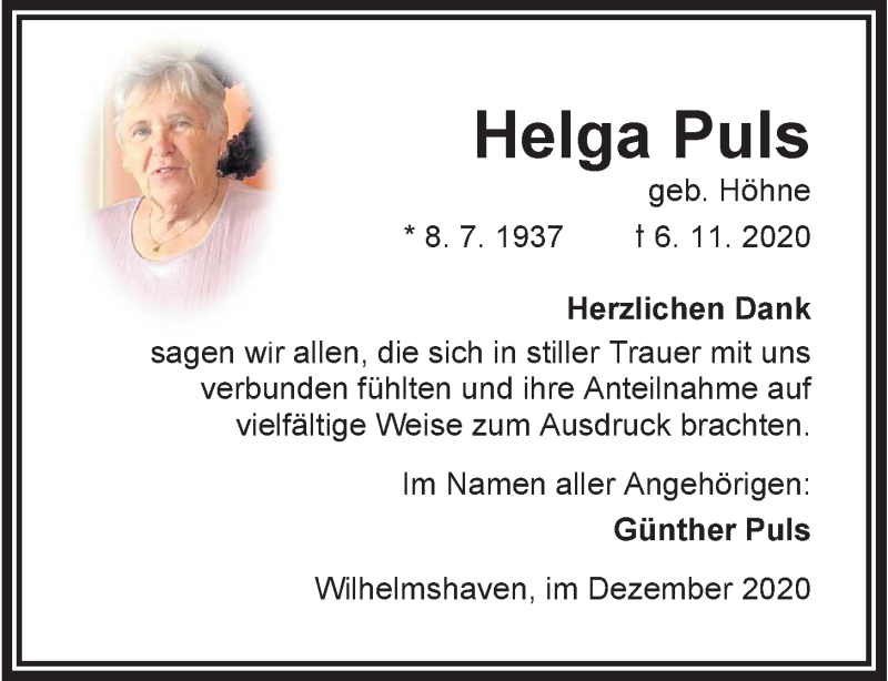 Traueranzeigen Von Helga Puls Nordwest Trauer De