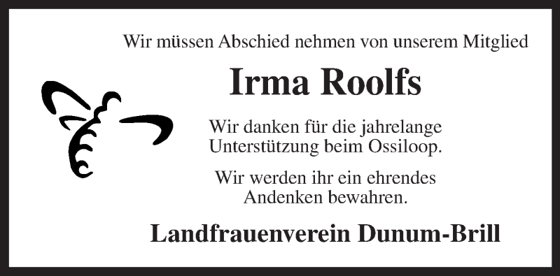 Traueranzeigen Von Irma Roolfs Nordwest Trauer De