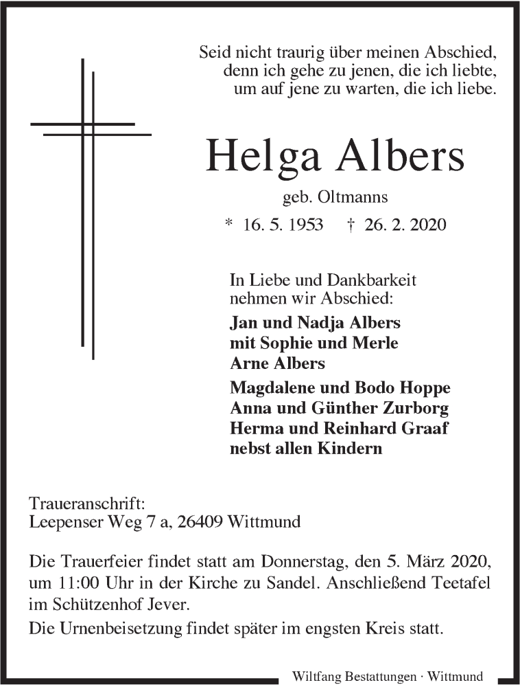 Traueranzeigen Von Helga Albers Nordwest Trauer De