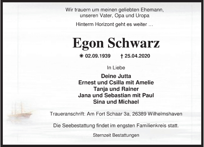 Traueranzeigen Von Egon Schwarz Nordwest Trauer De