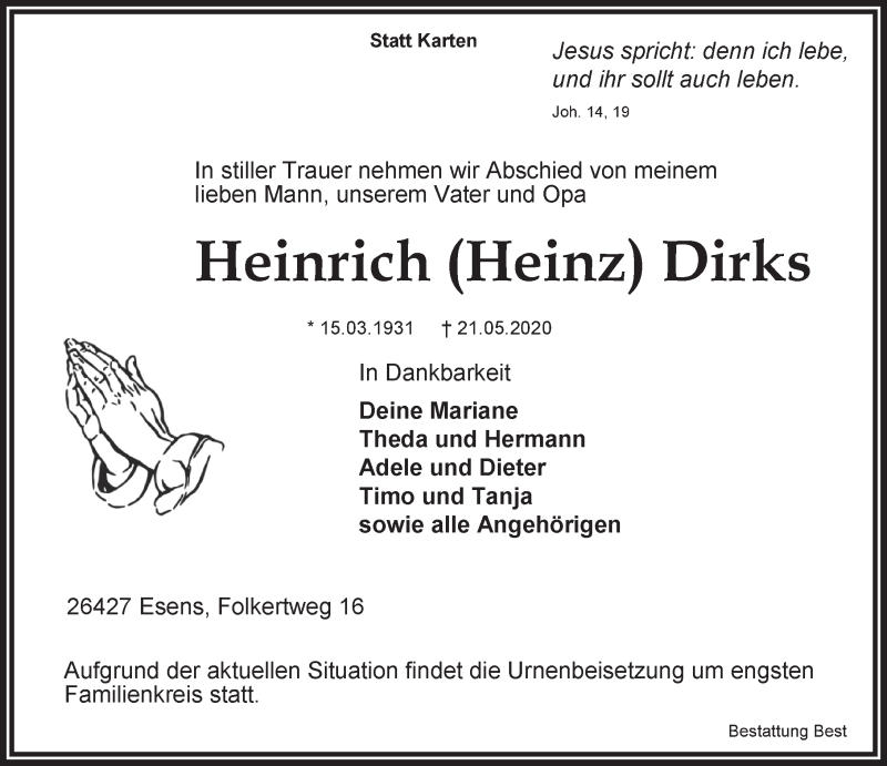 Traueranzeigen Von Heinrich Dirks Nordwest Trauer De