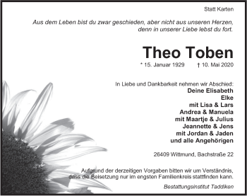 Traueranzeigen Von Theo Toben Nordwest Trauer De