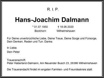 Traueranzeigen Von Hans Joachim Dalmann Nordwest Trauer De