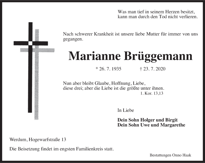 Traueranzeigen von Marianne Brüggemann nordwest trauer de