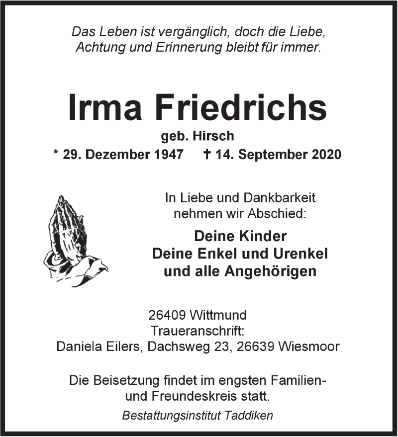 Traueranzeigen Von Irma Friedrichs Nordwest Trauer De