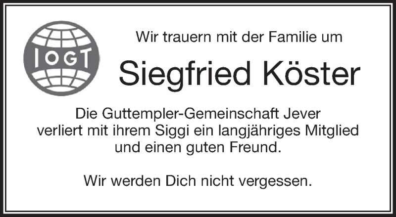 Traueranzeigen Von Siegfried K Ster Nordwest Trauer De