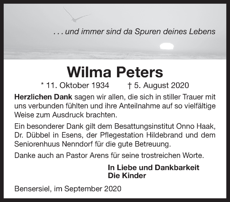 Traueranzeigen Von Wilma Peters Nordwest Trauer De