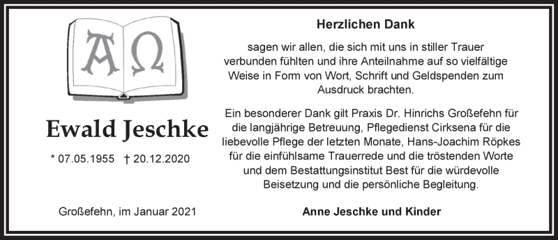 Traueranzeigen Von Ewald Jeschke Nordwest Trauer De