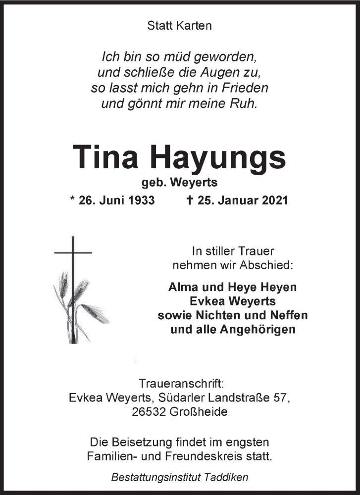 Traueranzeigen Von Tina Hayungs Nordwest Trauer De