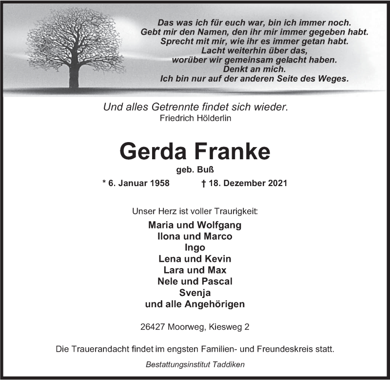 Traueranzeigen Von Gerda Franke Nordwest Trauer De