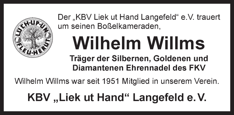 Traueranzeigen Von Wilhelm Willms Nordwest Trauer De