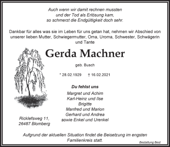 Traueranzeigen Von Gerda Machner Nordwest Trauer De