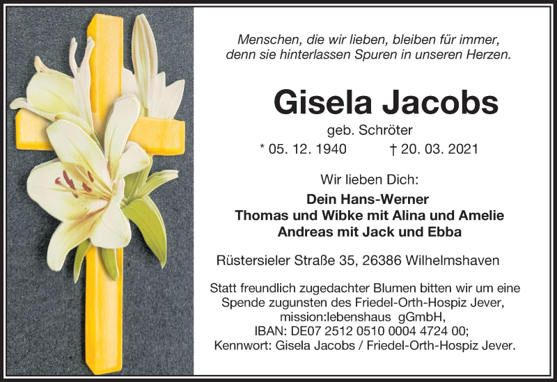 Traueranzeigen Von Gisela Jacobs Nordwest Trauer De