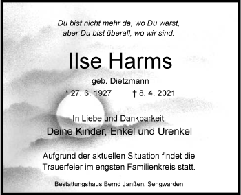 Traueranzeigen Von Ilse Harms Nordwest Trauer De