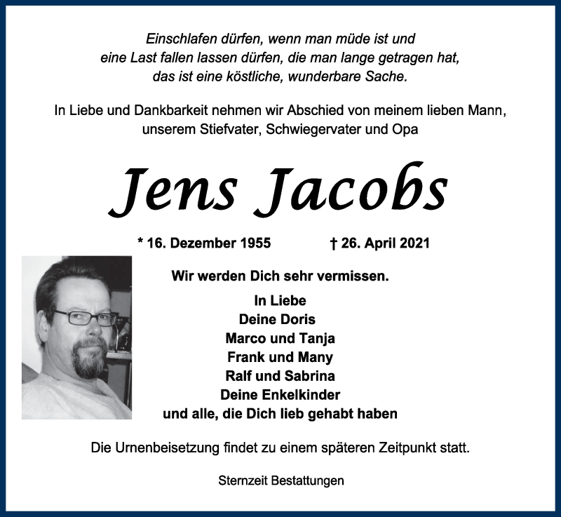 Traueranzeigen Von Jens Jacobs Nordwest Trauer De