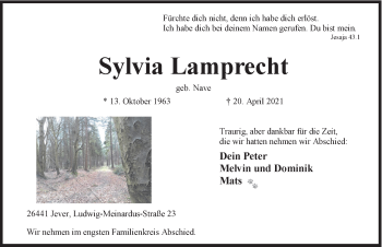 Traueranzeigen Von Sylvia Lamprecht Nordwest Trauer De