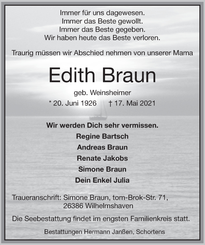 Traueranzeigen Von Edith Braun Nordwest Trauer De