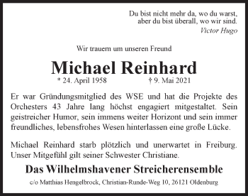 Traueranzeige von Michael Reinhard von Wilhelmshavener Zeitung