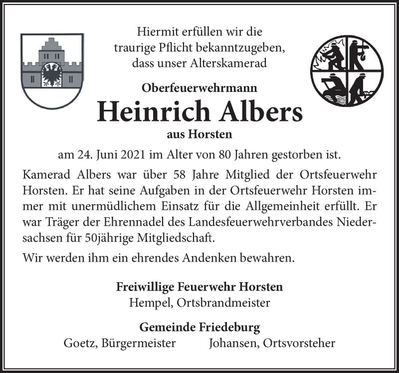 Traueranzeigen Von Heinrich Albers Nordwest Trauer De