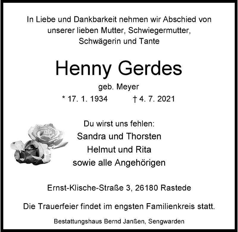 Traueranzeigen Von Henny Gerdes Nordwest Trauer De