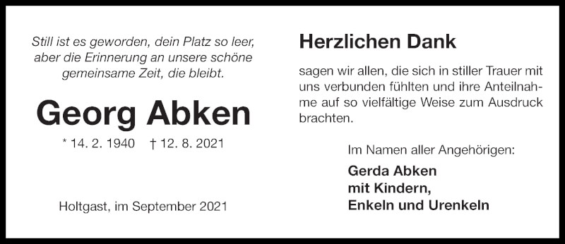 Traueranzeigen Von Georg Abken Nordwest Trauer De