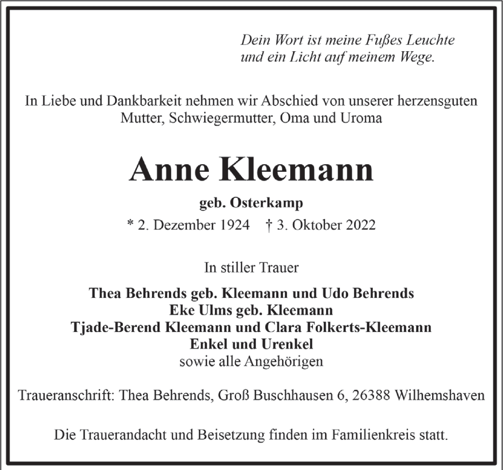 Traueranzeigen Von Anne Kleemann Nordwest Trauer De