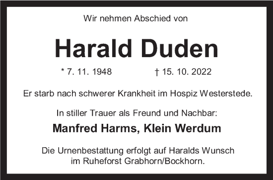 Traueranzeigen Von Harald Duden Nordwest Trauer De