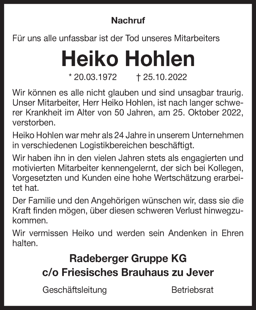 Traueranzeigen Von Heiko Hohlen Nordwest Trauer De