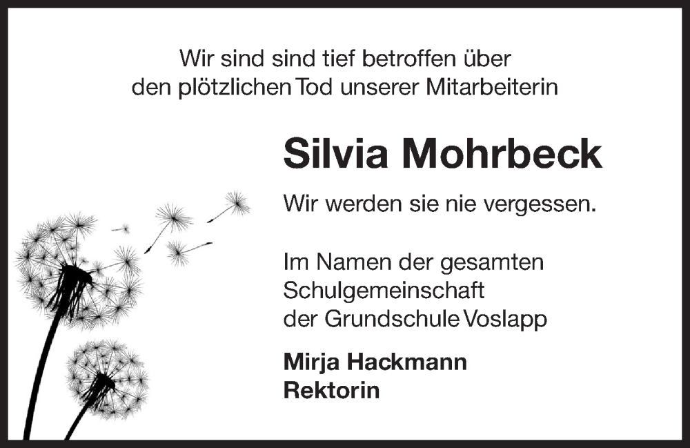 Traueranzeigen Von Silvia Mohrbeck Nordwest Trauer De