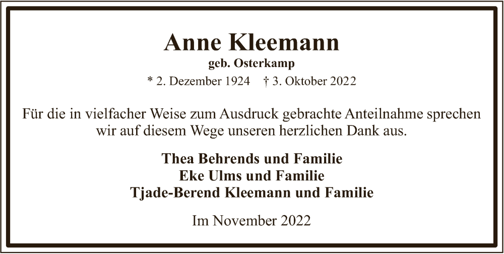 Traueranzeigen Von Anne Kleemann Nordwest Trauer De